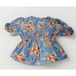 Romantic Gypsy 4X Floral Tunic Lace Lined Deep V Neck Romantic Sleeves